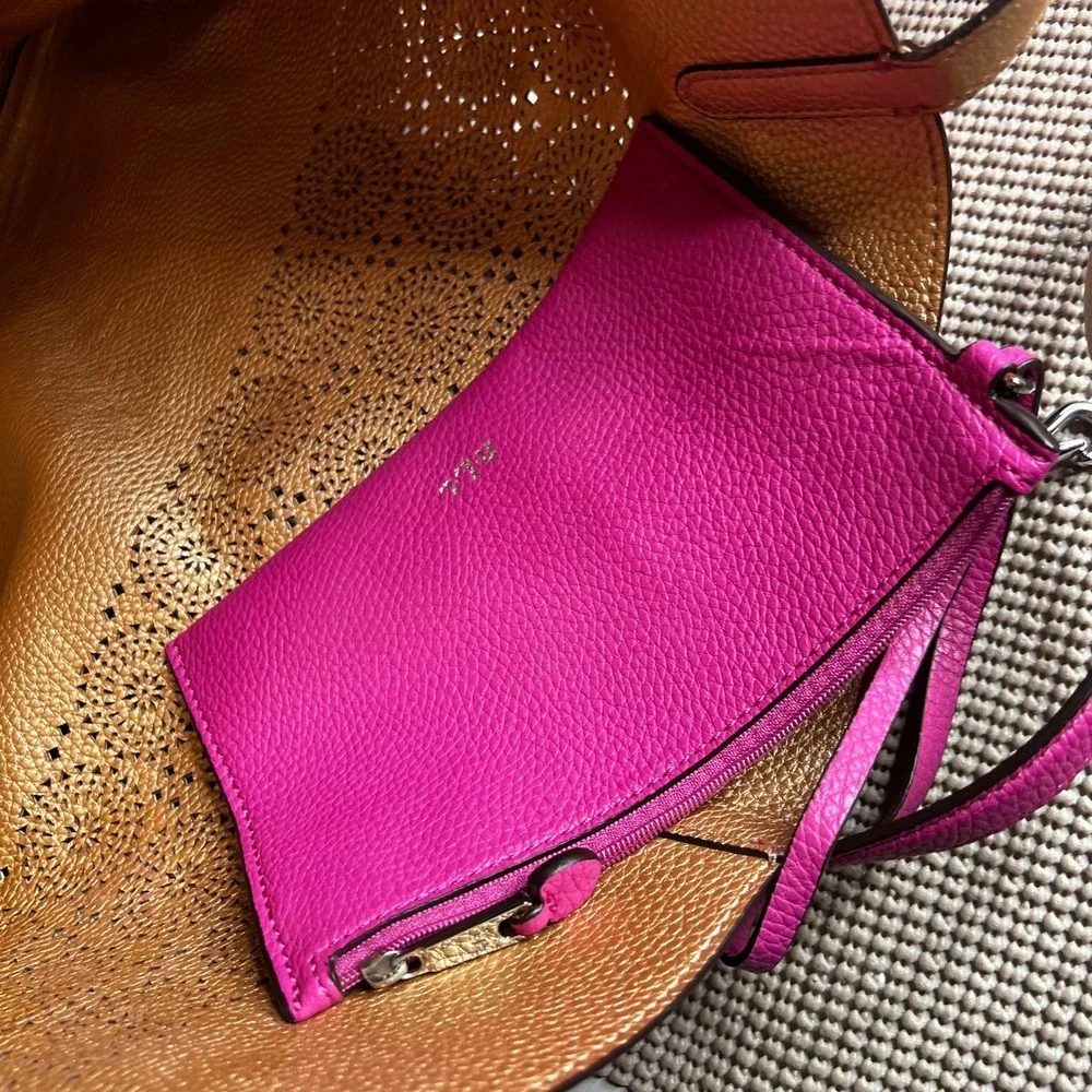 Lauren Ralph Lauren Pink Laser Cut Leather Tote Bag with Gold Interior & Pouch